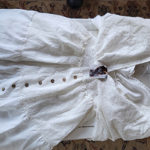 Dentelle Summer White Lace Boho Ruffle Shift Dress Flared Sleeves Beach Mini - Picture 12 of 12